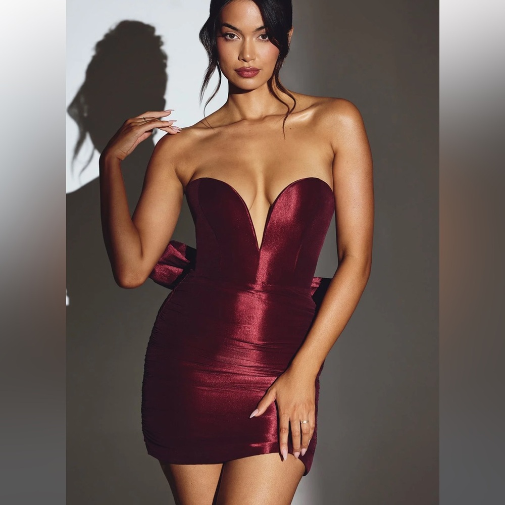 Oh Polly Wine VIVIANA Woven Taffeta Strapless Mini Dress in Wine